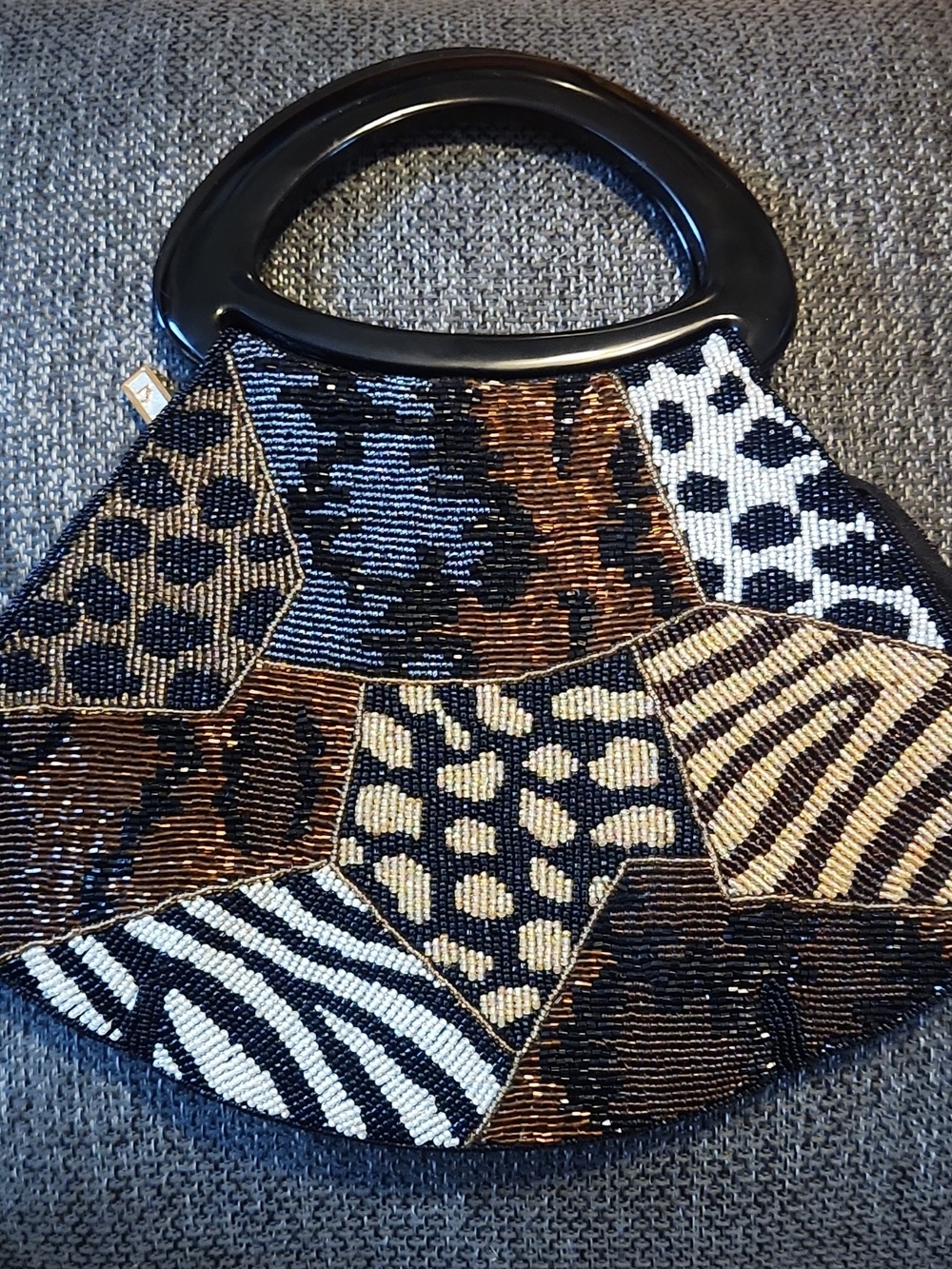 Lian CHUANG Patchwork Animal Print Beaded Handbag - Black/Brown/Cream
